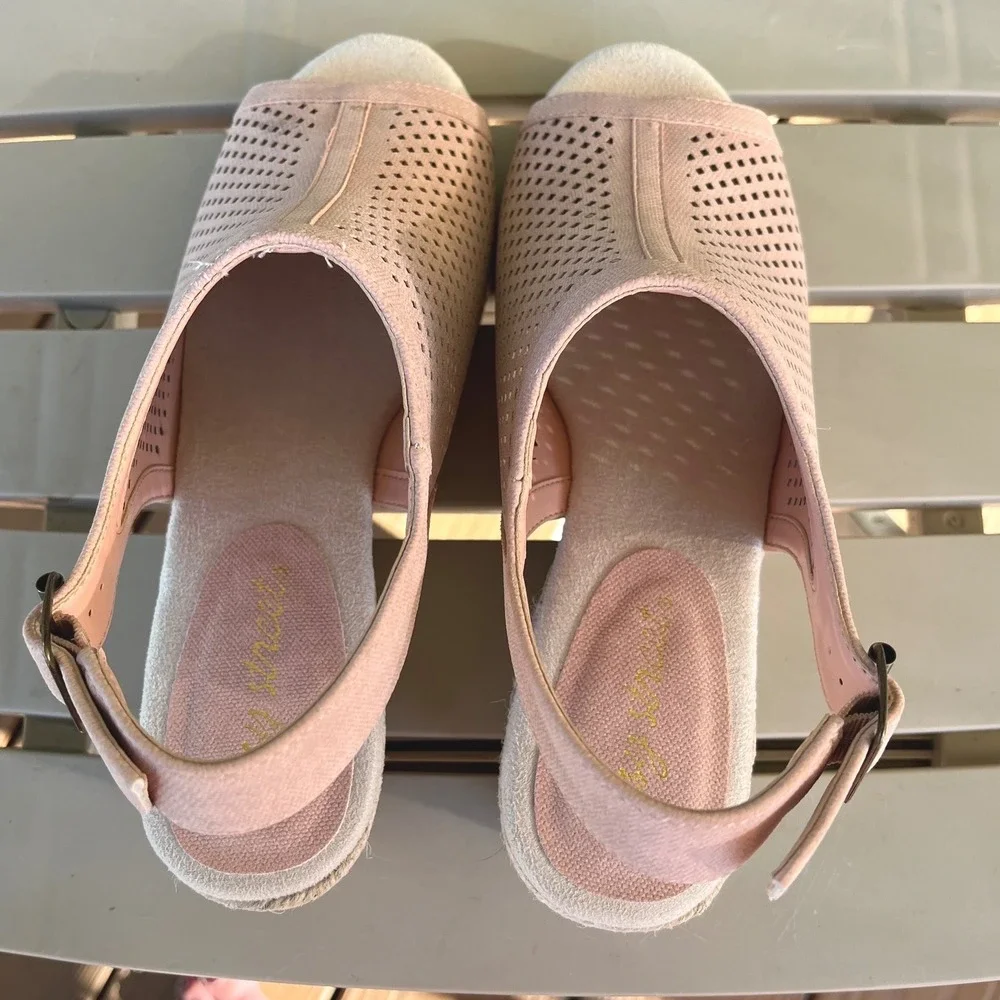 Easy Street Stacy Blush Pink Linen Perforated Wedge Sandals Womens 6.5 W Wide